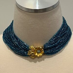 Vintage Blue Beaded Choker with Gold Flower Clasp